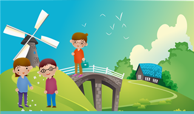 Un dibujo de un campo con familia que se aloja en una casa